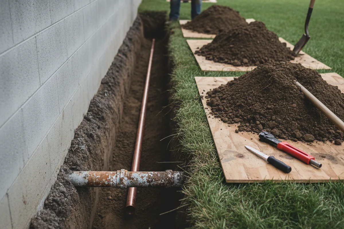 Excavated water line trench during Sewer Line Repair in Nicasio